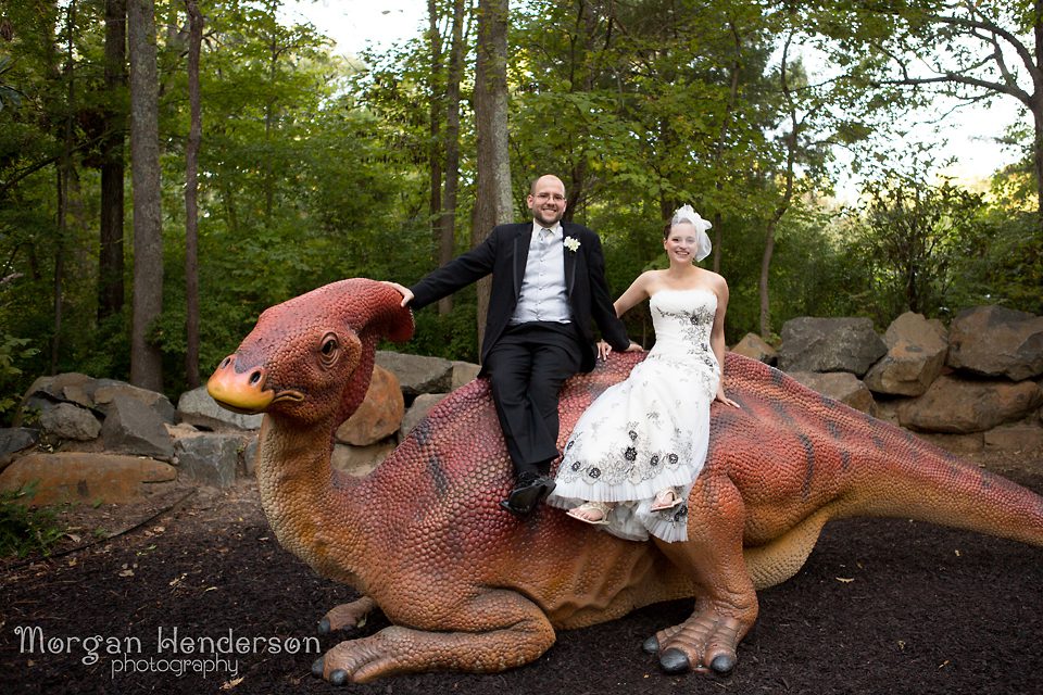 museum life and science wedding photo with dinosaurs