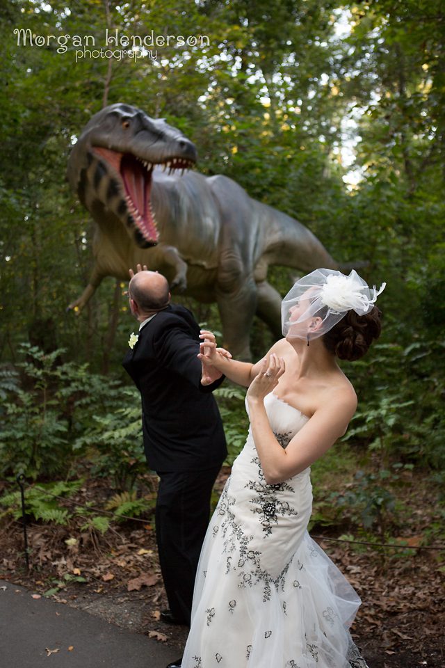 wedding photo with dinosaur museum life and science